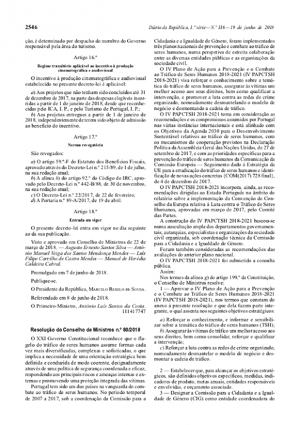 IV Plano de Ação para a Prevenção e o Combate ao TSH 2018-2020
