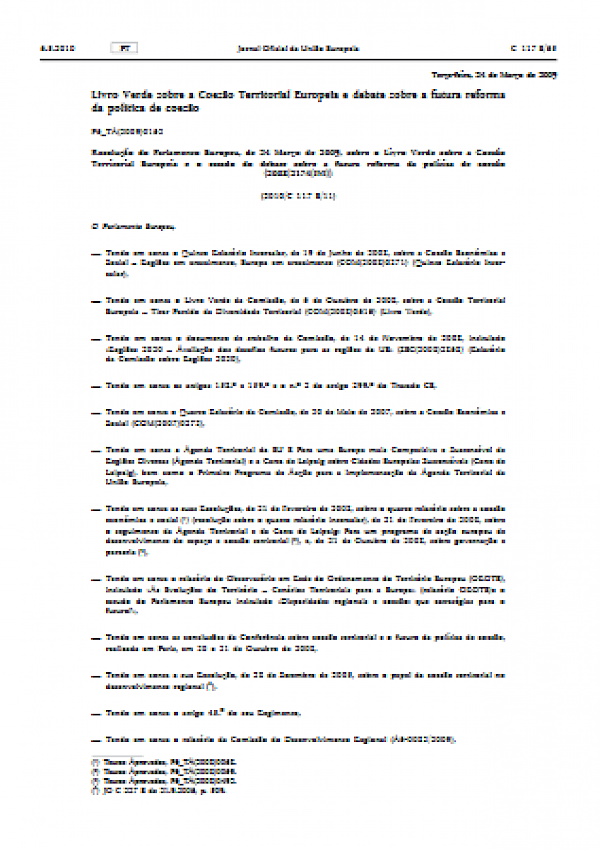 Livro Verde sobre a Coesão Territorial Europeia e debate sobre a futura reforma da política de coesão