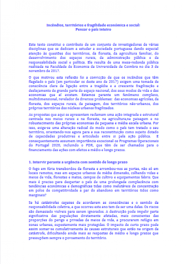 Incêndios, territórios e fragilidade económica e social: Pensar o país inteiro