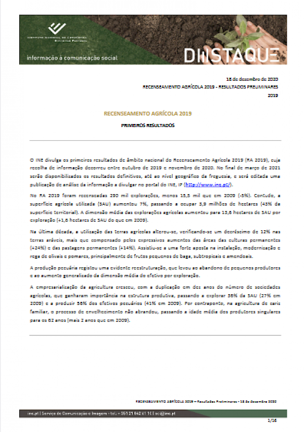 Recenseamento Agrícola 2019 - Resultados preliminares
