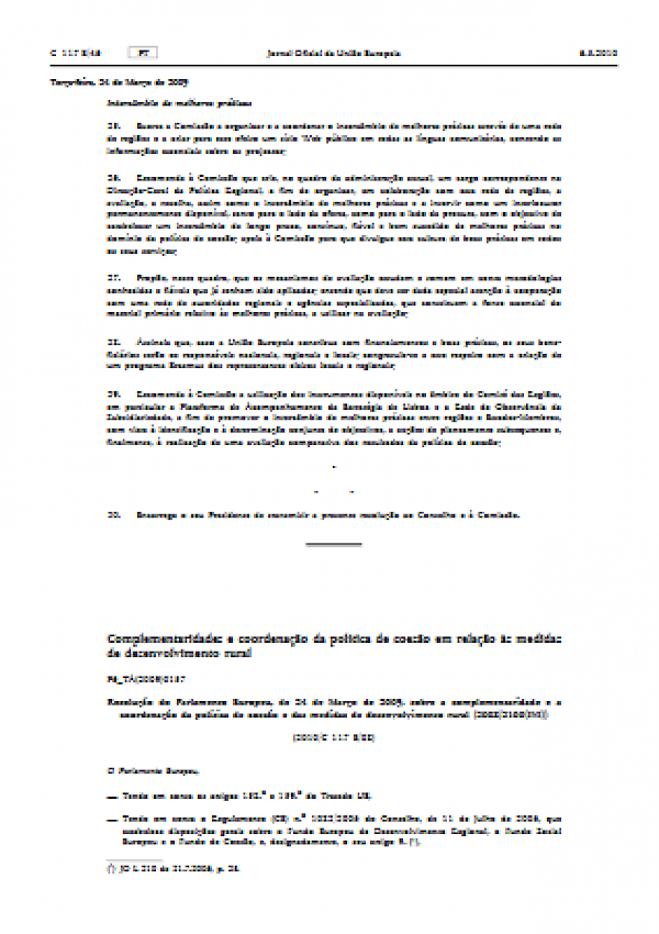 Complementaridades e coordenação da política de coesão em relação às medidas de desenvolvimento rural