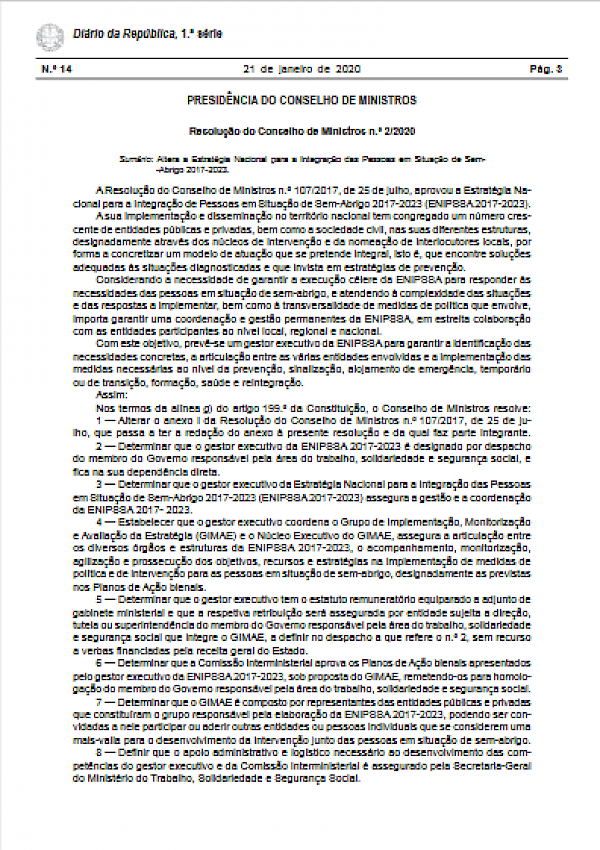 Estratégia Nacional para a Integração das Pessoas em Situação de Sem-Abrigo 2017 -2023 / Resolução do Conselho de Ministros n.º 2/2020