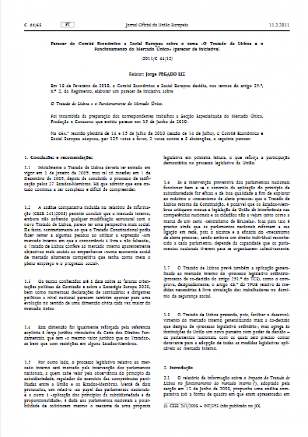 Parecer do Comité Económico e Social Europeu sobre o tema «O Tratado de Lisboa e o Funcionamento do Mercado Único» (parecer de iniciativa)