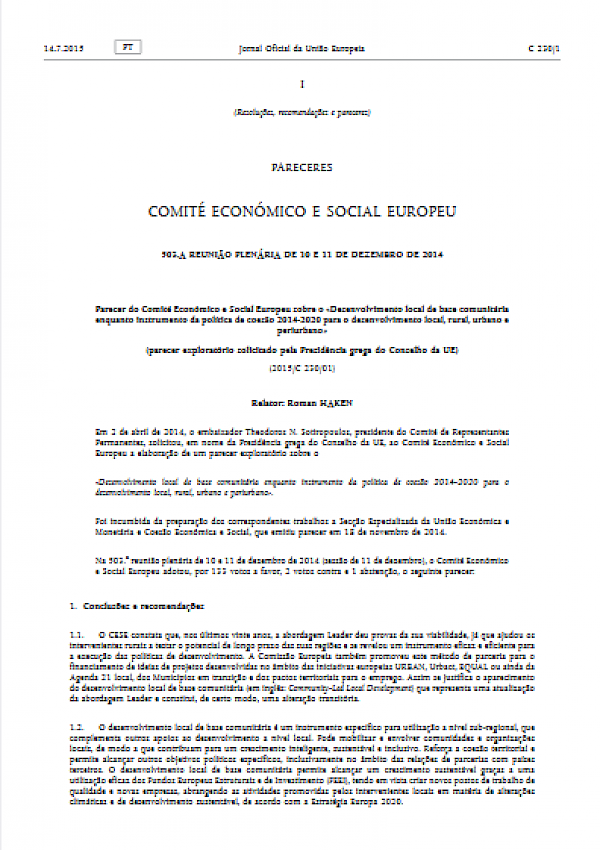 Parecer do Comité Económico e Social Europeu sobre o «Desenvolvimento local de base comunitária enquanto instrumento da