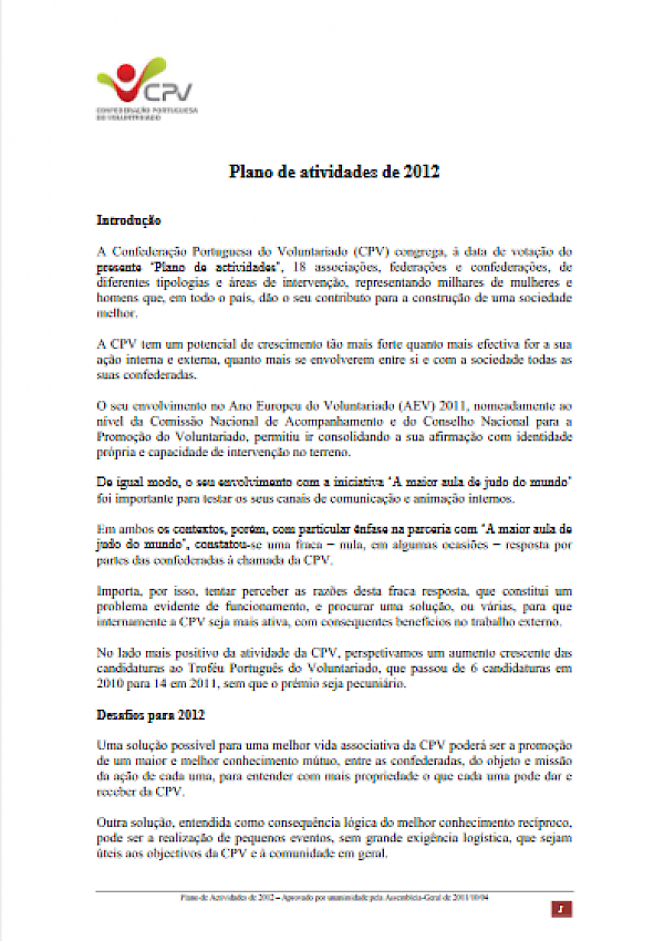 Plano de Actividades para 2012 da Confederação Portuguesa do Voluntariado