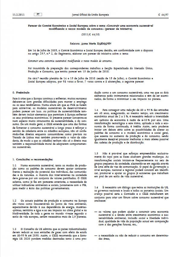 Parecer do Comité Económico e Social Europeu sobre o tema «Construir uma economia sustentável modificando o nosso modelo de consumo» (parecer de iniciativa)
