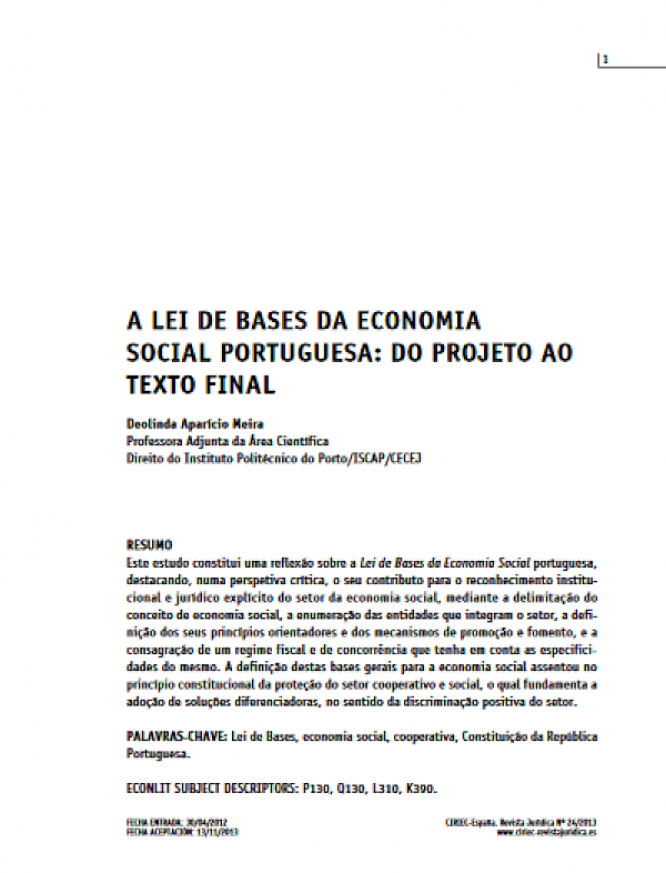 A Lei de Bases da Economia Social portuguesa: do projeto ao texto final