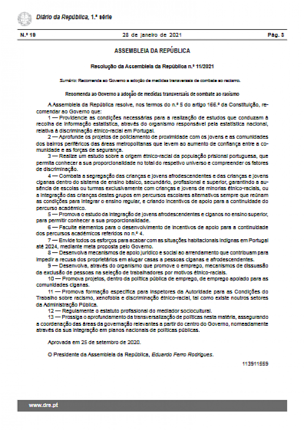 Medidas de combate ao racismo, recomendadas pela Assembleia da República