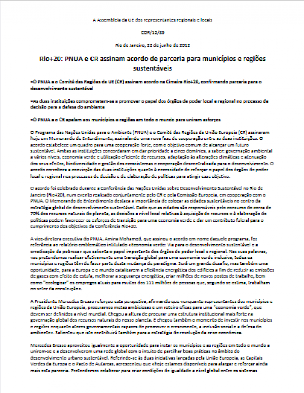 Rio+20: PNUA e CR assinam acordo de parceria para municípios e regiões sustentáveis