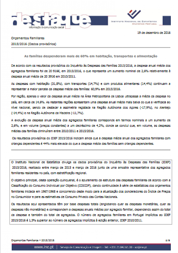 Orçamentos Familiares 2015/2016 (Dados provisórios)