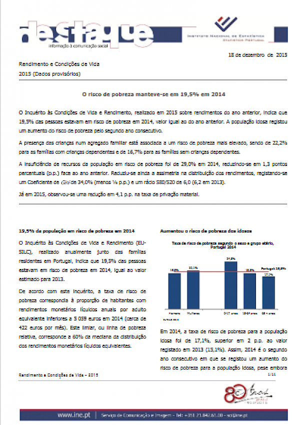 Rendimento e Condições de Vida 2015 (Dados provisórios)