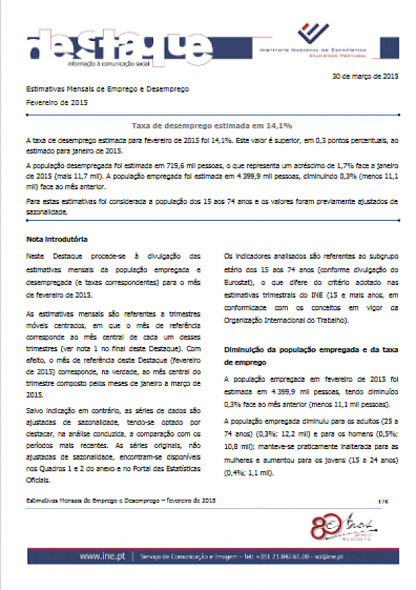 Estimativas Mensais de Emprego e Desemprego - Fevereiro de 2015