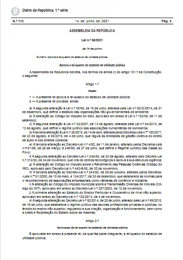 Lei-quadro do Estatuto de Utilidade Pública (Lei n.º 36/2021 de 14 de junho)