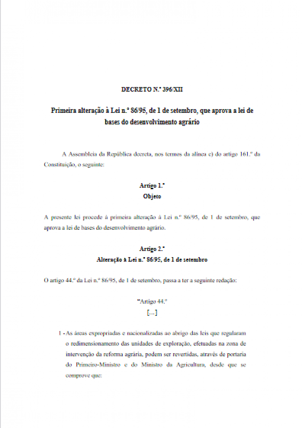 Lei de bases do desenvolvimento agrário - Primeira alteração à Lei n.º 86/95 (Decreto n.º 396/XII)