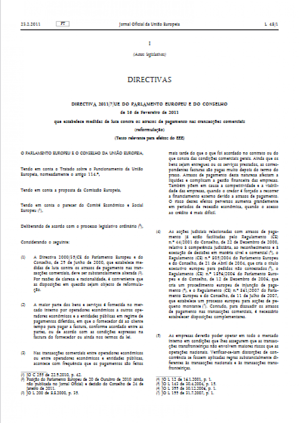 Directiva do Parlamento Europeu que estabelece medidas de luta contra os atrasos de pagamento nas transacções comerciais (Directiva  2011/7/UE)