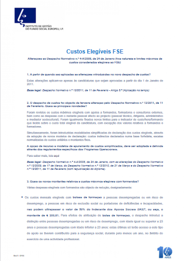 Custos Elegíveis FSE - Alterações ao Despacho Normativo n.º 4-A/2008, de 24 de Janeiro