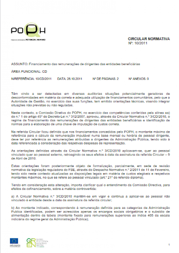 Financiamento das remunerações de dirigentes das entidades beneficiárias ( Circular Normativa n.º 3/CD/2010)