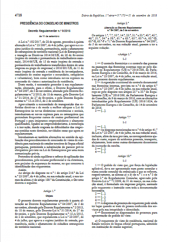 Lei de Imigração (Decreto Regulamentar n.º 9/2018 de 11 de setembro)