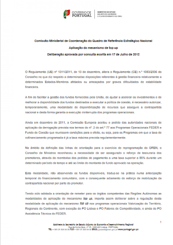 Regulamentação FEDER e Fundo de Coesão - Aplicação do mecanismo de top up