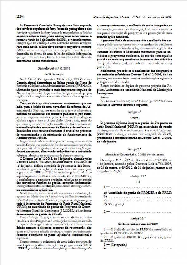 Extinção da autoridade de gestão da PRRN e sua integração no PRODER (Decreto-Lei n.º 62/2012. D.R. n.º 53, Série I de 2012-03-14)