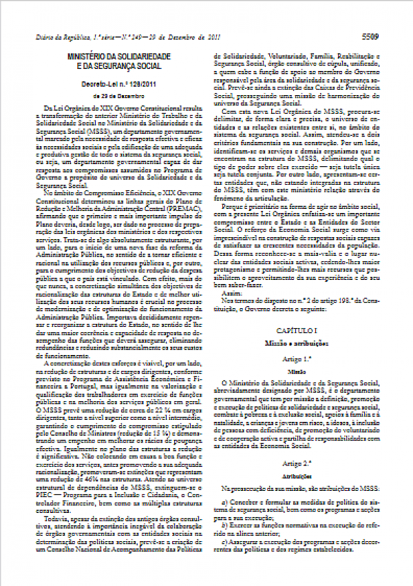 Lei Orgânica do Ministério da Solidariedade e da Segurança Social (Decreto-Lei n.º 126/2011, de 29/12/2011)