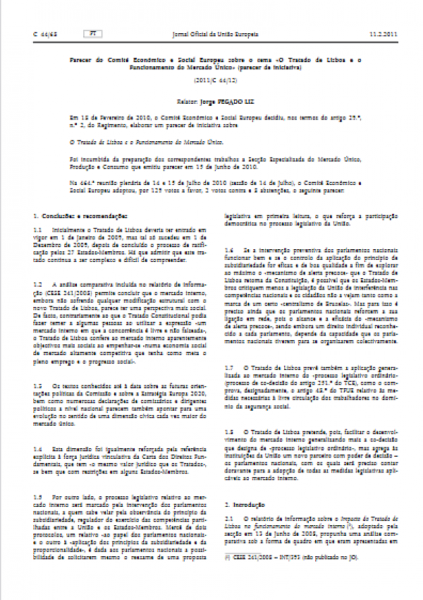 Parecer do Comité Económico e Social Europeu sobre o tema «O Tratado de Lisboa e o Funcionamento do Mercado Único» (2011/C 44/12)
