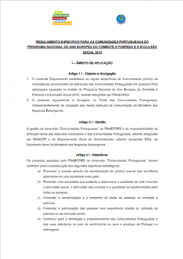 Regulamento específico para as comunidades portuguesas do Programa Nacional do Ano Europeu do Combate à Poreza e à Exclusão Social 2010