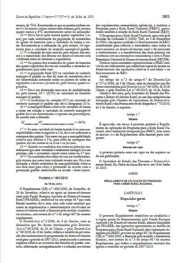 Regras de acesso ao financiamento das operações relativas à actividade e ao funcionamento da RRN (Portaria n.º 501/2010)