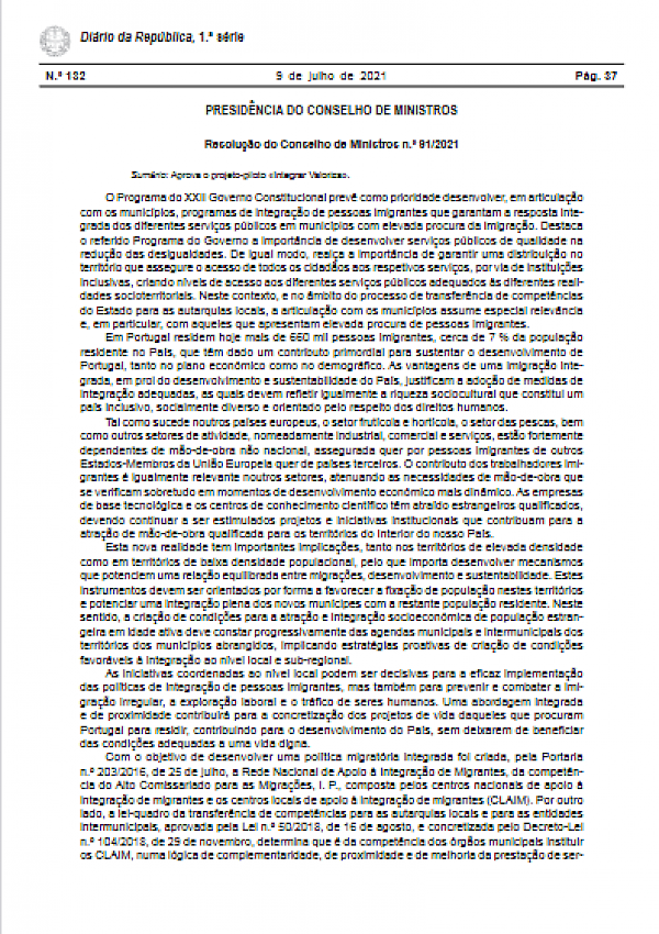 Projecto-piloto Integrar Valoriza (Resolução do Conselho de Ministros n.º 91/2021)
