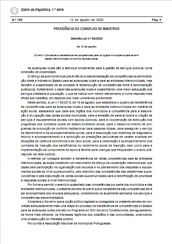 Transferência de competências para os órgãos municipais e para as entidades intermunicipais no domínio da ação social (Decreto-Lei n.º 55/2020)