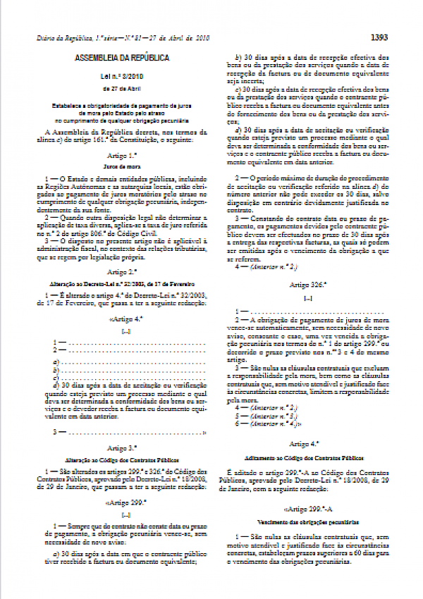 Pagamento de Juros de Mora pelo Estado (Lei nº 3/2010)