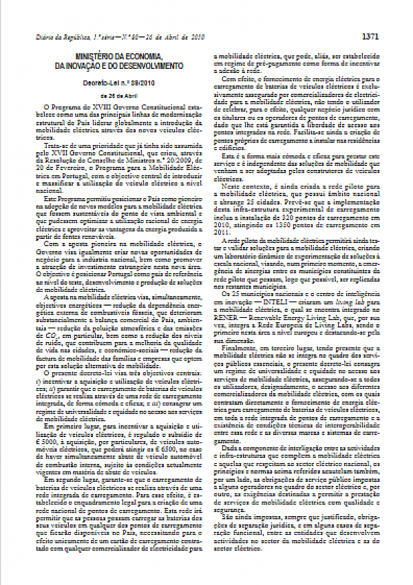 Regime juridíco da mobilidade eléctrica (Decreto-Lei 39/2010)