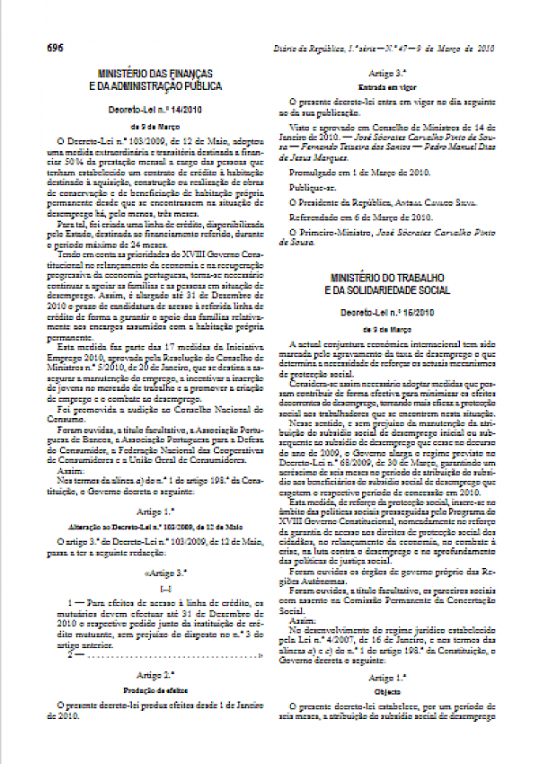 Financiamento de crédito à Habitação (Alteração do DL 103/2009- DL nº 14/2010)