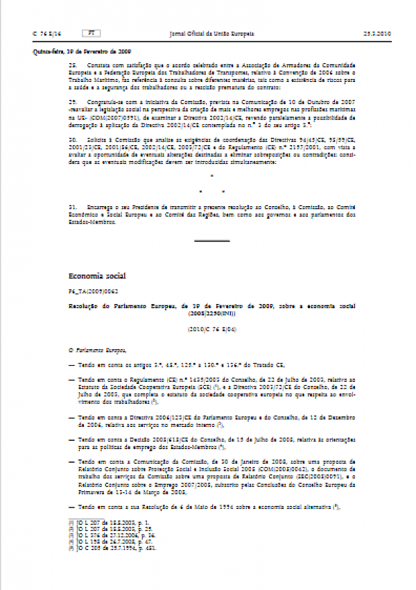 Resolução do PE sobre Economia Social - 19 Fevereiro 2009