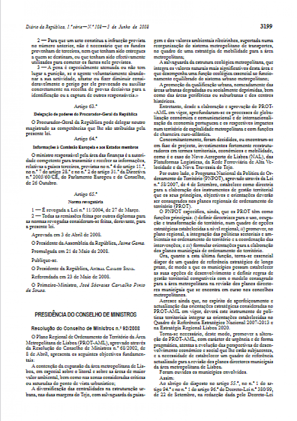 PROT- Plano Regional de Ordenamento do território da AML e VT - Resolução do Conselho de Ministros nº 92/2008