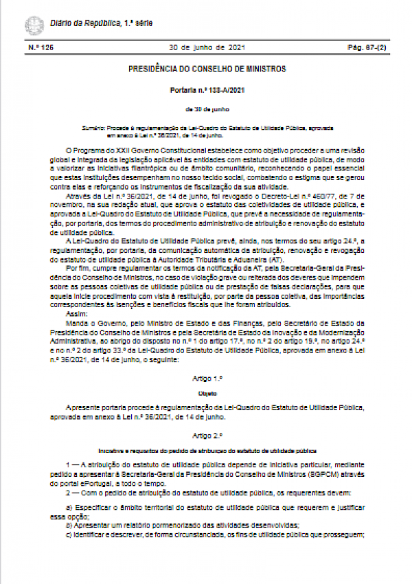 Regulamentação da Lei-Quadro do Estatuto de Utilidade Pública (Portaria n.º 138-A/2021)