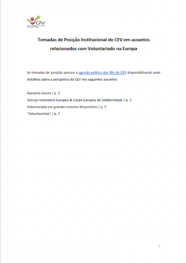 Tomadas de Posição Institucional do CEV em assuntos relacionados com Voluntariado na Europa