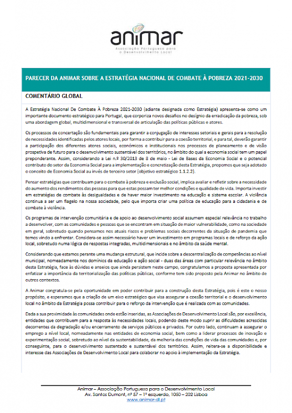 Parecer da Animar sobre a Estratégia Nacional de Combate à Pobreza 2021-2030