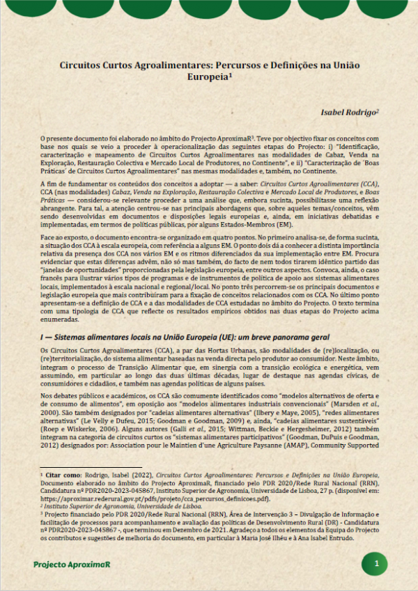 Circuitos Curtos Agroalimentares: Percursos e Definições na União Europeia
